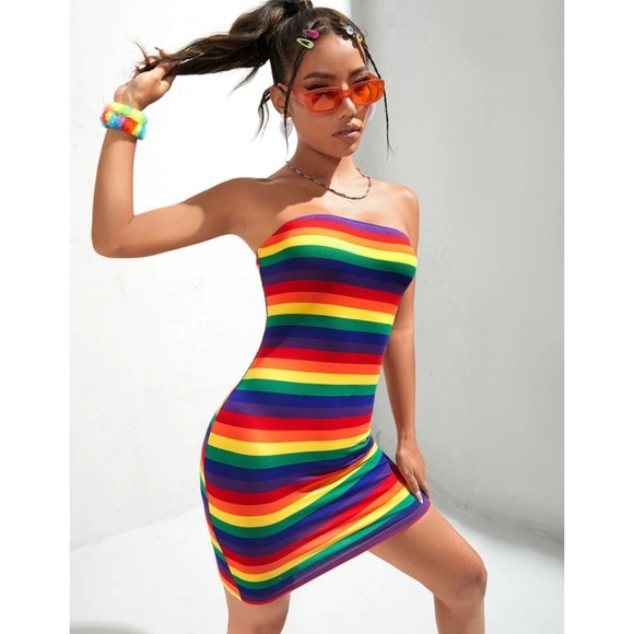 Rainbow Stripe Tube Dress Bodycon Stretchy Size XS-XL Available - Picture 6 of 12
